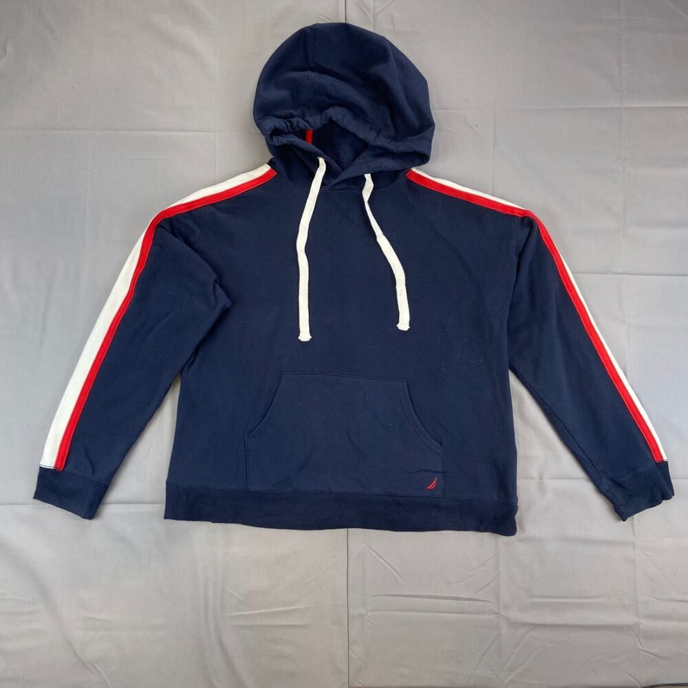 Nautica Men's Large Navy Blue Red White Stripe Pullover Hoodie Sweatshirt 57